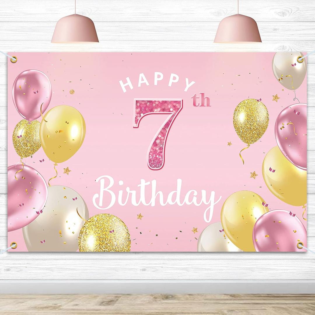 Happy 7th Birthday Backdrop Banner - 7 Birthday Party Decorations Supplies for Girls - Pink 3.9 x 5.9ft