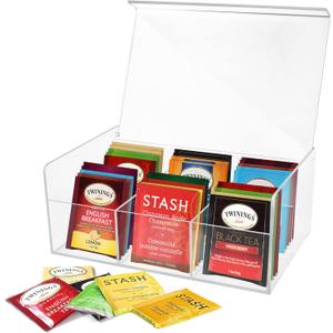 RoyalHouse Acrylic Tea Bag Holder Storage Organizer, 6 Compartment BPA Free Clear Plastic Tea Box with Lid, Multi-Purpose storage Box for Tea Bags, Office Supplies, Crafts, and Small Items. (Pack of 2)