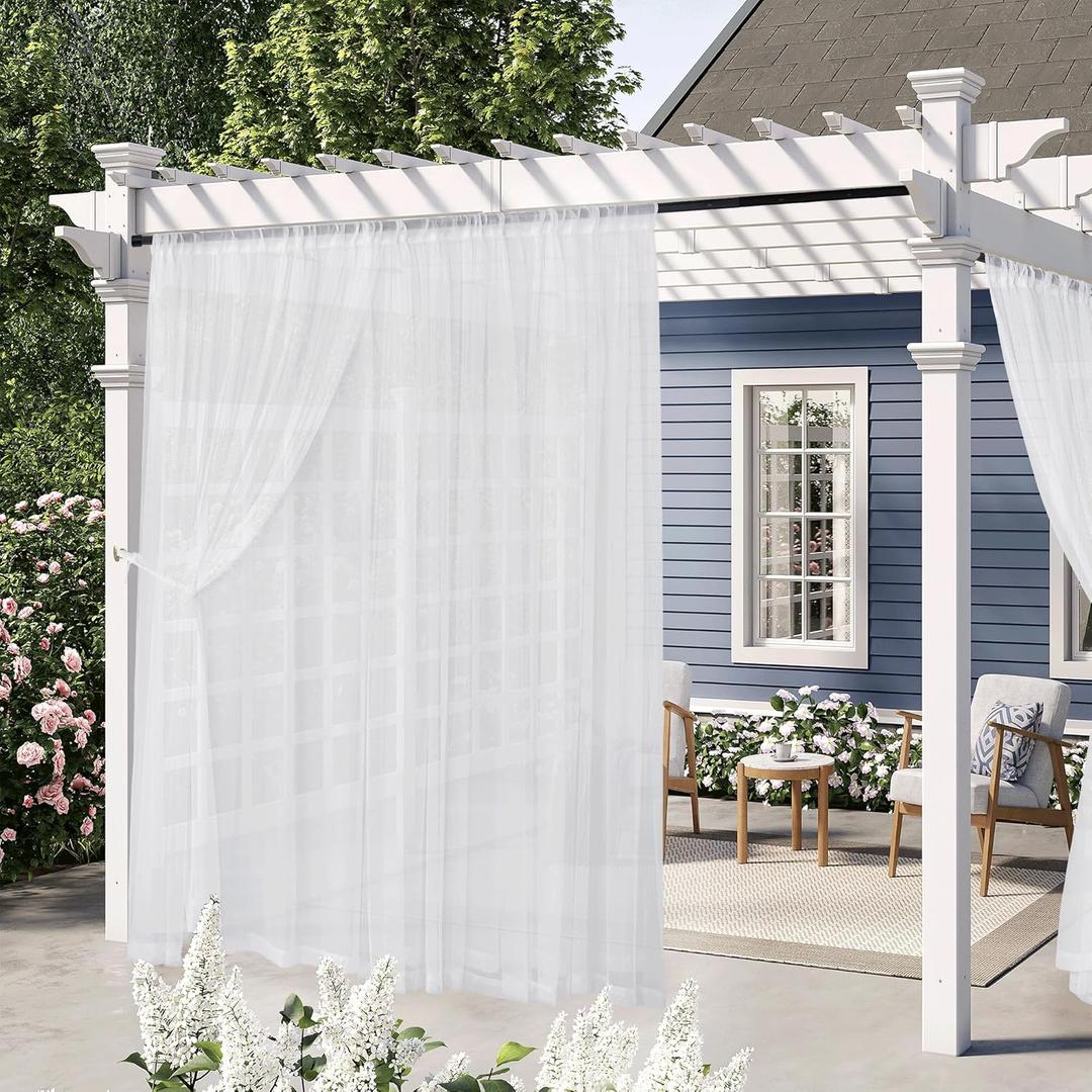 RYB HOME White Outdoor Sheer Curtains, Extra Long Rod Pocket Quick Drying Mosquito Semi Sheer Curtains for Pergola Gazebo Patio, W 84 x L 120 inches, White, 2 Panels Set
