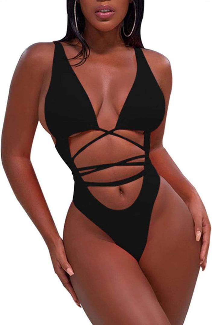 Sovoyontee 2025 Women's Sexy Cheeky One Piece Swimsuits High Cut Thong Bikini Bathing Suit Monokini (Black) XL
