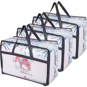 Clear Clothes Storage Bag Organizer with Reinforced Handle, Vinyl Storage Bags for Comforter, Blanket, Bedding, Toys, Transparent Moving Totes with Sturdy Dual Zippers, 3 Pack, 55 L, Black