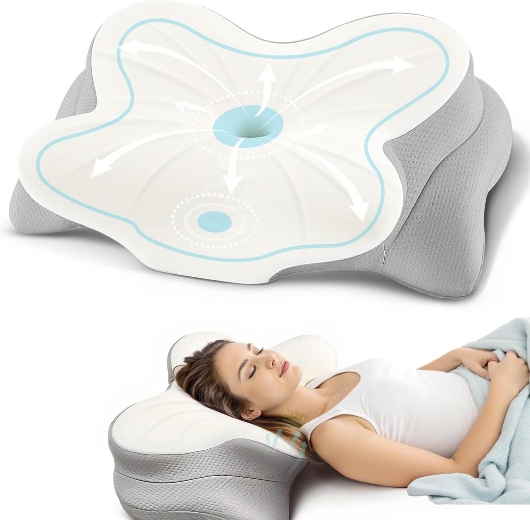 Neck Pillow Cervical Memory Foam Pillows for Neck and Shoulder Pain Relief, Side Sleeper Pillow, Contoured Support Pillows, 2 in 1 Ergonomic Orthopedic Bed Pillow for Back Stomach Sleep (Gray)