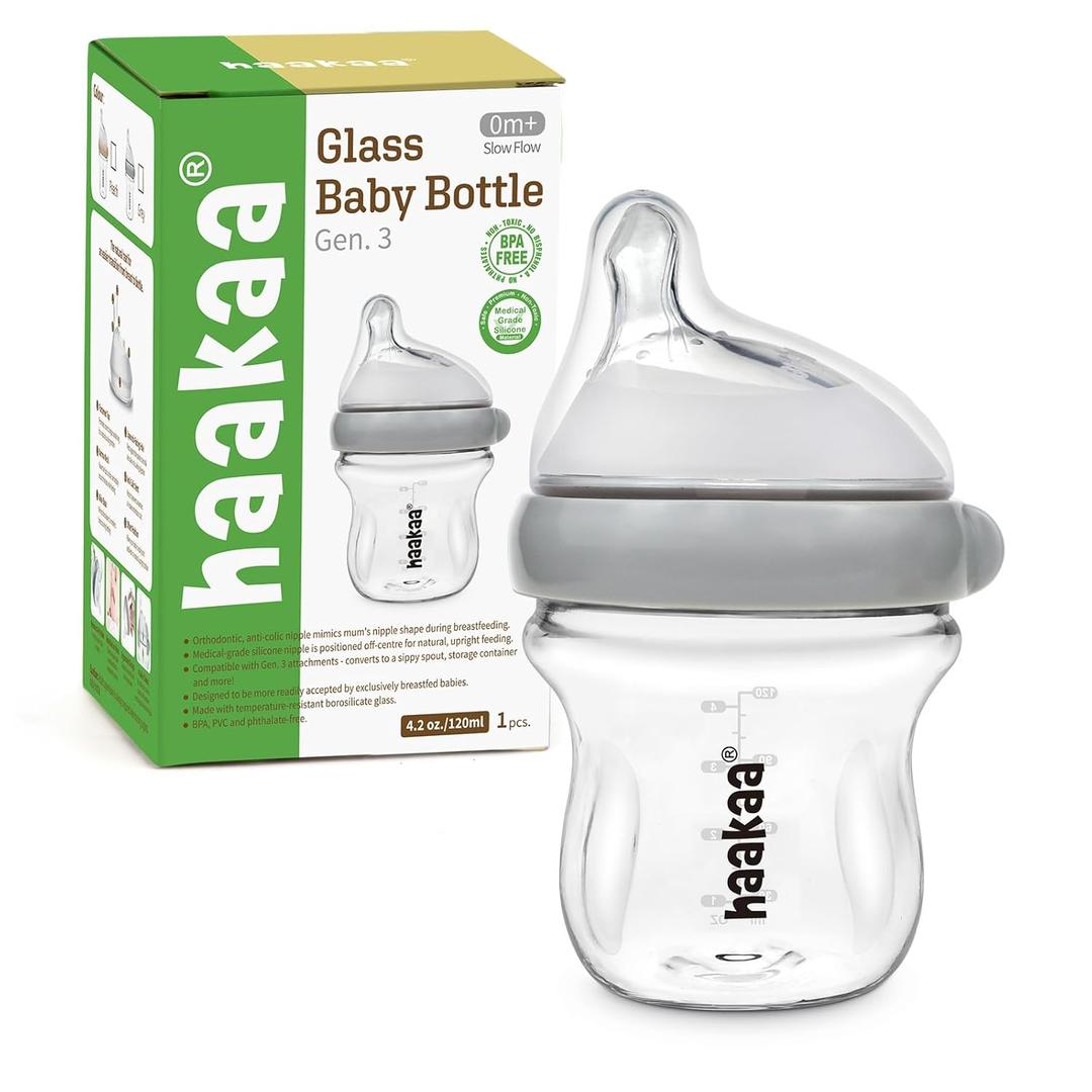 haakaa Gen.3 Natural Glass Baby Bottle 4.2oz/120ml - Wide Neck Anti-Colic Slow Flow Nipple for 0M+ Breastfed Baby, Newborn Registry Essentials,BPA-Free - 1 PK (Grey)