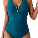 B2prity One Piece Swimsuit for Women Tummy Control Halter Bathing Suit V Neck Push Up Swim Suit Ruched Swimwear
S