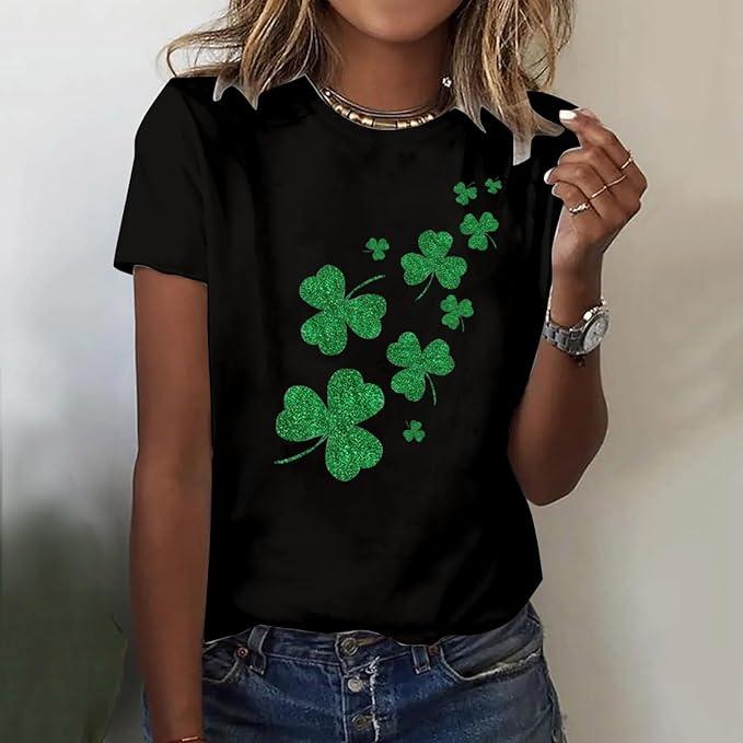 Women’s St Patricks Day T Shirt – Glitter Shamrock Graphic Tee, Funny Irish Clover Top L