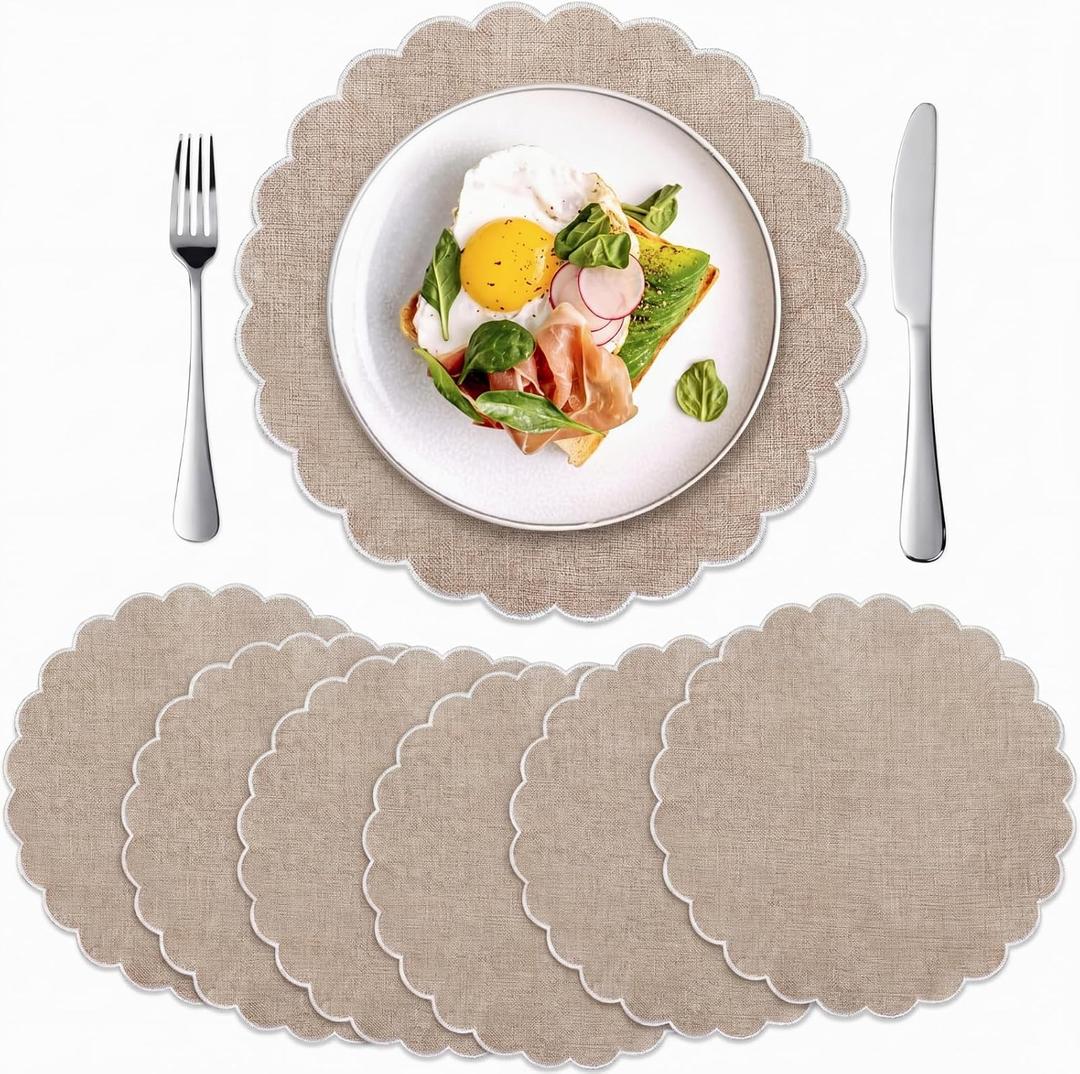 Set of 6 Linen Cotton Placemats 15 Inch White Edges Round Scalloped Embroidery Placemats Washable Double Layered Rustic Table Mat Fabric Napkins for Wedding Table Decor