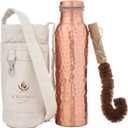 100% Pure Copper Water Bottle (32 oz/ 950ml) With Ayurvedic Benefits, Travel-Friendly Design Leak Proof Pure Copper Hammered Water Bottle For Drinking, Comes With Canvas Carry Bag & Cleaning Brush