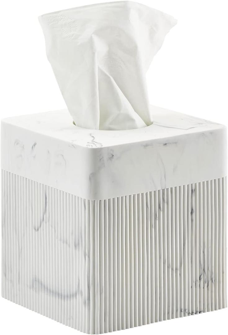 White Tissue Box Cover Square Resin Tissue Holder for Home Decor, Hand Poured Marble Ribbed Cube Tissue Box Holder  5.5 Inch Heavy Duty Luxury Tissue Box Case for Bathroom, Living Room, Office