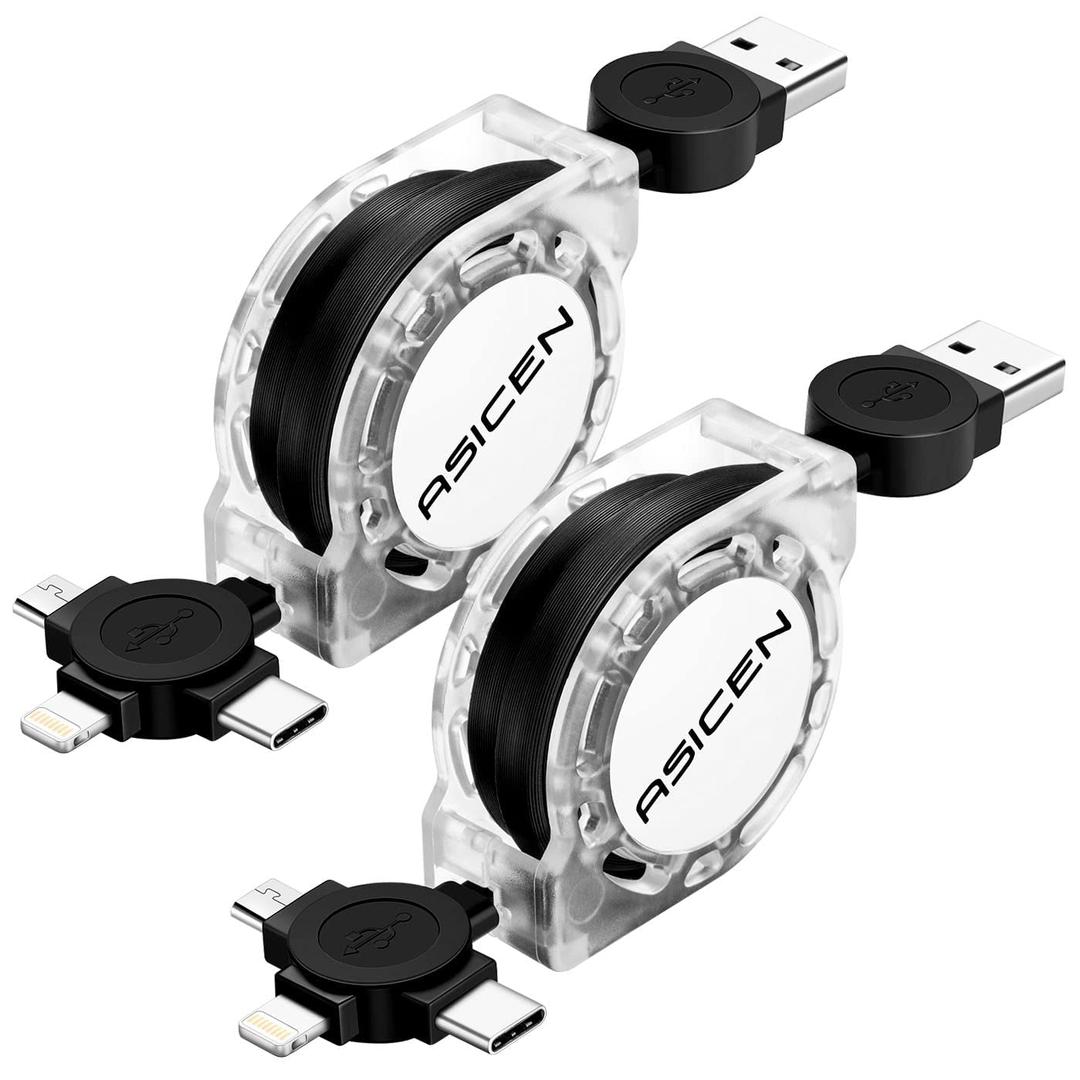 2Pack Multi Charging Cable, 3 in 1 Retractable Multiple Charger Cable, Fast Charging Cable, USB C Charger with Lightning/Micro/Type C for iPhone, iPad, Samsung, PS, Tablets & More (2, Black, 3.3Ft)