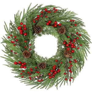 23 inch Norfolk Pine Wreath, Christmas Wreath for Front Door Christmas Door Wreaths with Red Berries Pine Cones Cedar Leaves Artificial Wreaths for Xmas Indoor Outdoor Decorations