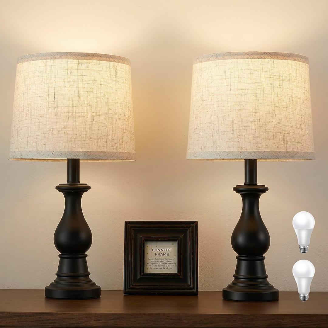 Vintage Table Lamp for Living Room Bedroom, 18.5" Farmhouse Bedside Lamps Nightstand Lamp Set of 2, Table Lamps with Oatmeal Linen Lamp Shades, 2 LED Bulbs Included, Black