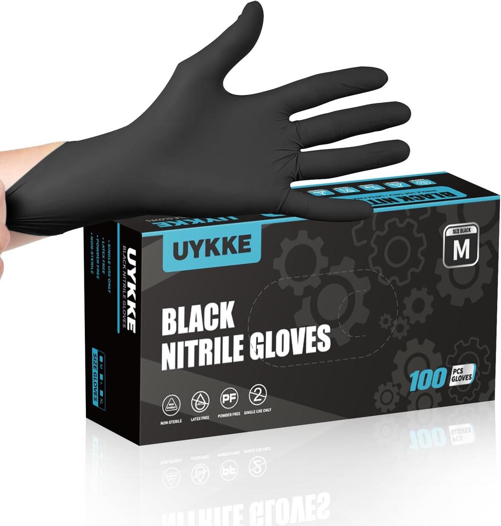 Nitrile Gloves HEAVY DUTY 7 Mil Disposable Gloves Black Nitrile Gloves Latex Free Cleaning Cooking Mechanic Gloves (Medium)