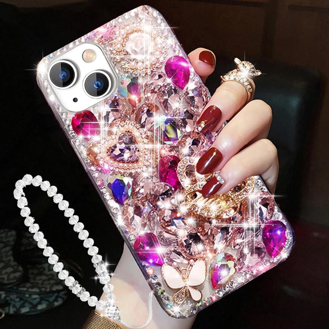 Changjia Glitter Bling Case for iPhone 15 Plus, Cute Luxury 3D Crown Crystal Rhinestone Diamond Sparkle Gemstones Pearl with Wrist Strap Chain Women Girls Phone Case for iPhone 15 Plus 6.7" (Hot Pink)