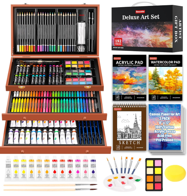 Soucolor Art Supplies, 192-Pack Deluxe Art Set Drawing Painting Supplies Kit with Acrylic Pad, Watercolor Pad, Sketch Book, Canvases, Acrylic Paint, Crayons, Pencils, Gifts for Artist Adults Teen Kids
