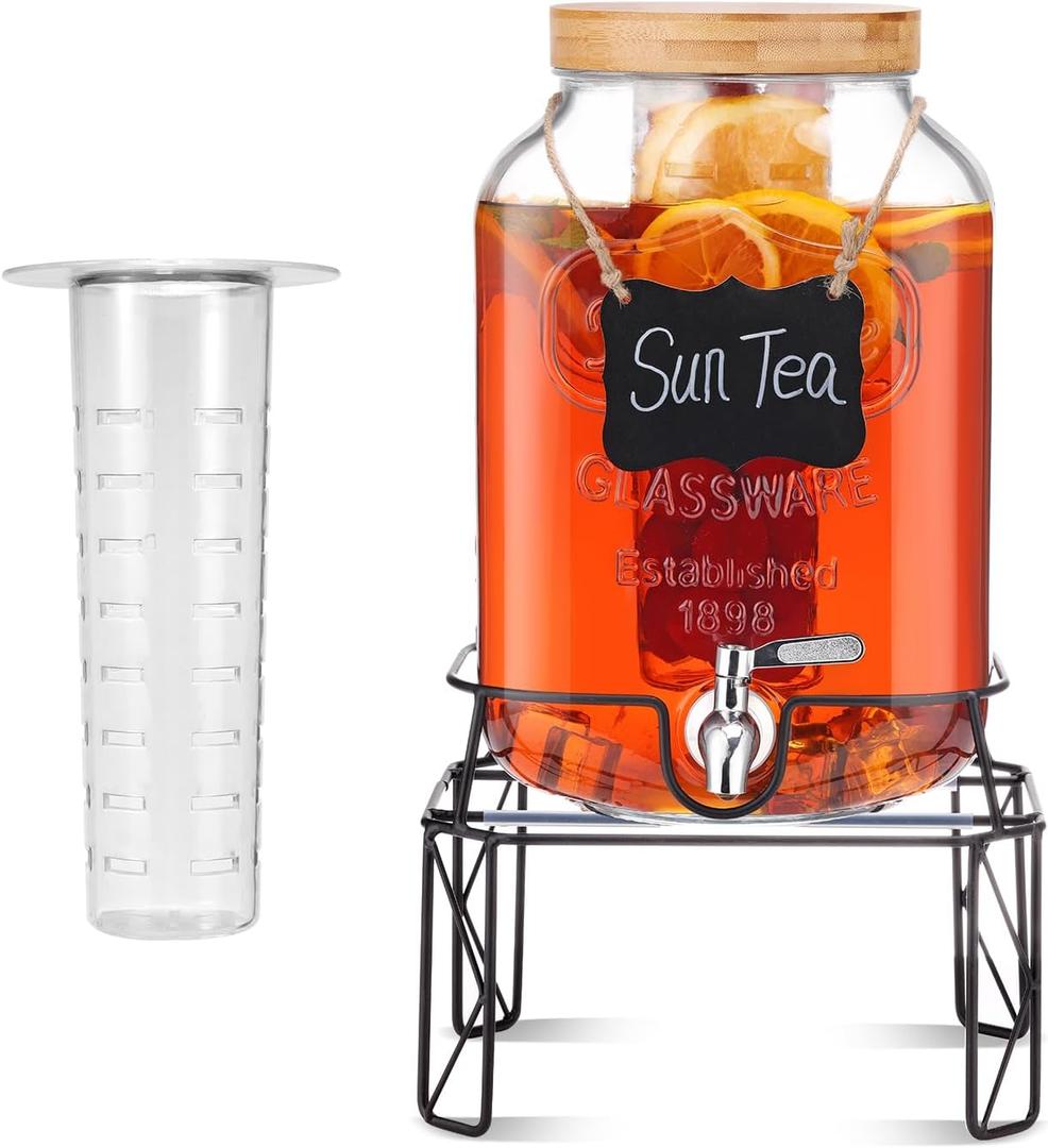 2 Gallon Drink Dispensers with Stand, Glass Beverage Dispenser with Stainless Steel Spigot and Bamboo Lid,Lemonade Dispenser,Glass Drink Dispensers for Parties, Weddings