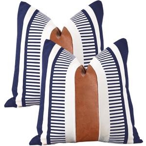 Set of 2 Large Throw Pillow Covers 24x24 Neutral Decorative Pillow Case for Sofa Couch Bed Faux Leather Accent Square Cushion Cover, Modern Farmhouse Decor (Navy Blue)