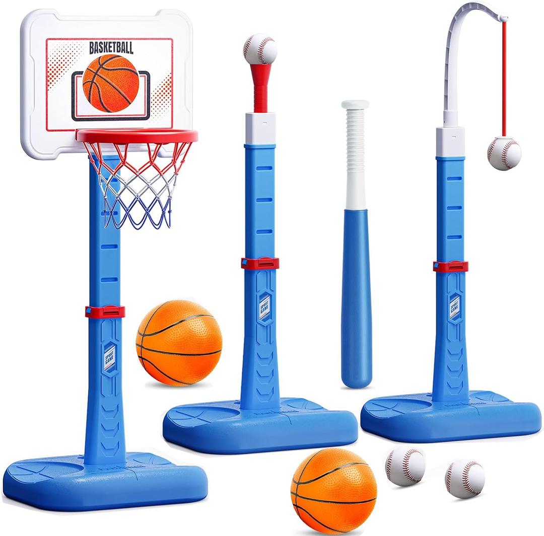 ShyLizard 3 in 1 Kids Basketball Hoop and T Ball Set, Adjustable Height Toddler Basketball Hoop, Hanging Tee Baseball, Indoor Outdoor Sports Toys Gifts for Toddlers Boys Girls Ages 3 4 5 Years, Blue