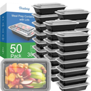 50 Pack (100-Piece) 38 oz Meal Prep Containers Reusable with Lids, Sturdy Leakproof & Food Safe, Microwave, Freezer, Dishwasher Safe Prep Containers, To Go Take Out Plastic Food Storage