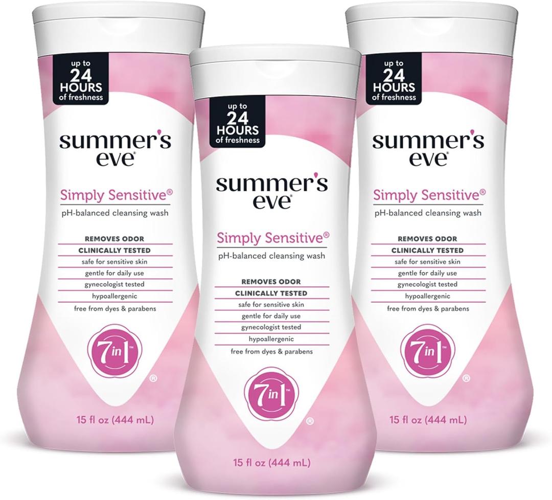 3 x Summers Eve Simply Sensitive All-Over Daily Feminine Wash, Gentle pH-Balanced Body Wash for Women, Feminine Care to Remove Vaginal Odor, Gynecologist Tested, 15 Fl Oz, Pack of 3