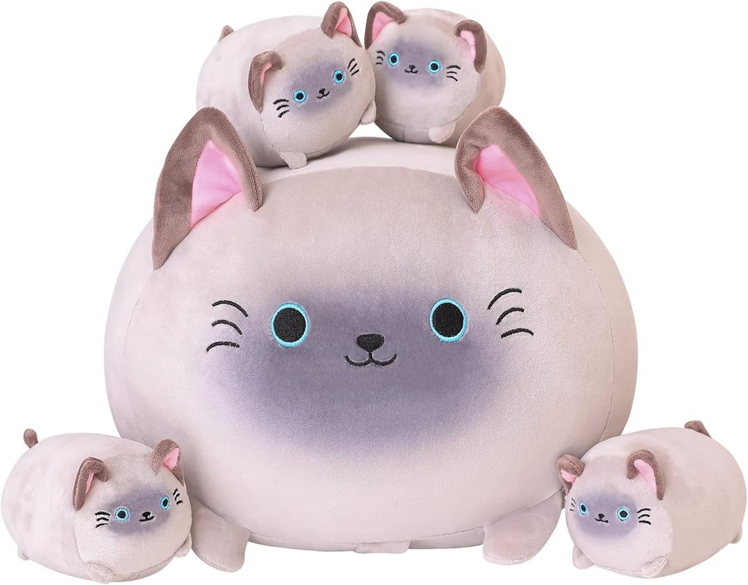 SQEQE Siamese Cat Plush, Cute Stuffed Animals Mommy with 4 Squishy Kitties, Soft Plush Pillow Gifts for Kids