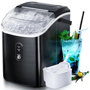 Nugget Countertop Ice Maker with Soft Chewable Pellet Ice, Pebble Portable Ice Machine, 34lbs Per Day, Self-Cleaning, Sonic Ice, One-Click Operation, for Kitchen,Office Stainless Steel Black (34Lbs/24H)