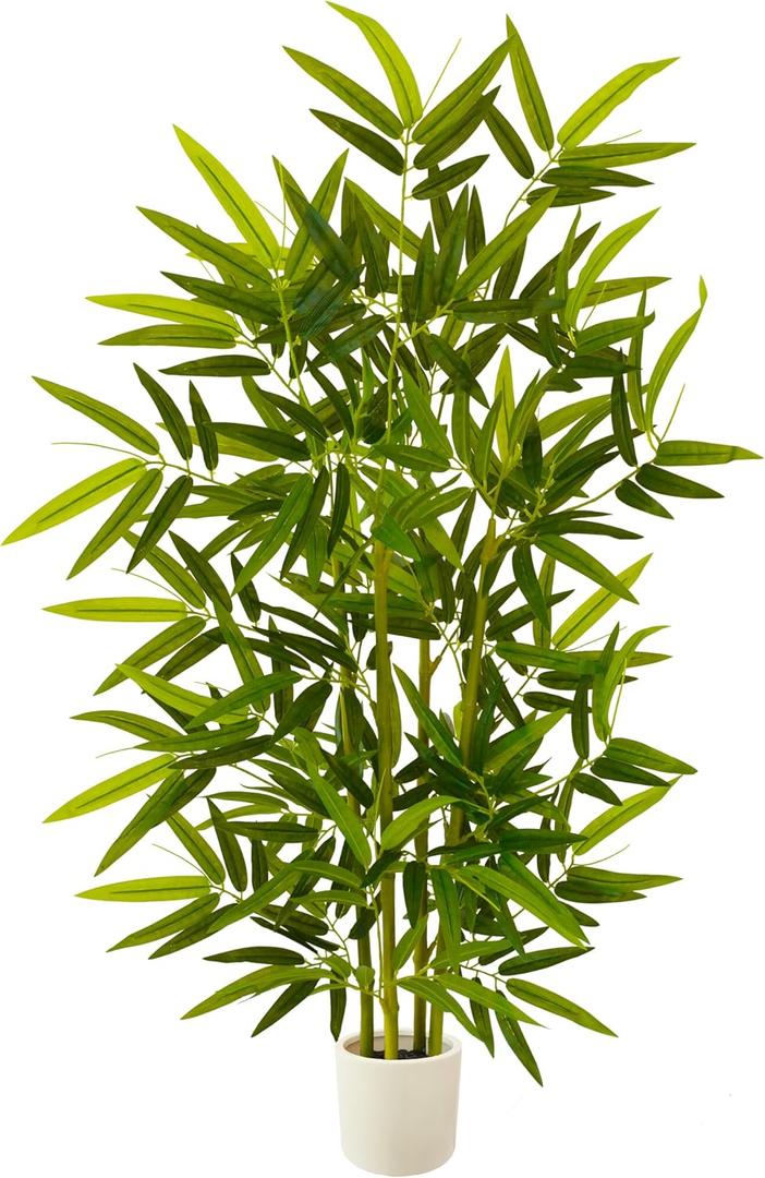 Warmplants Artificial Bamboo Tree, 4ft Tall Faux Bamboo Plant with White Planter, Fake Trees with 4 Trunks and Lifelike Leaves for Indoor Outdoor Home Office Dcor