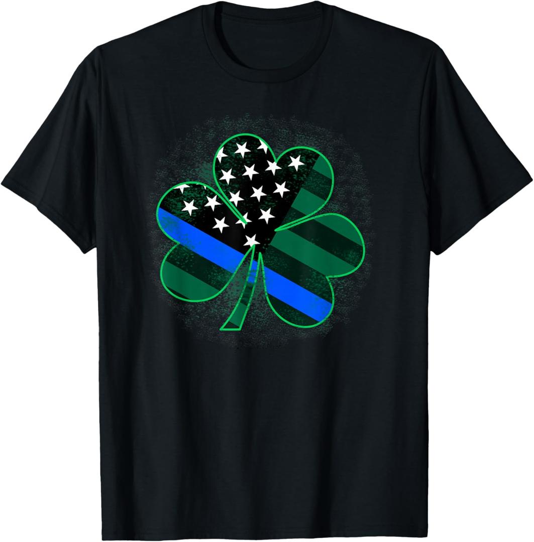 Thin Blue Line St Patricks Day Shirt Police Shamrock Tee T-Shirt, Large