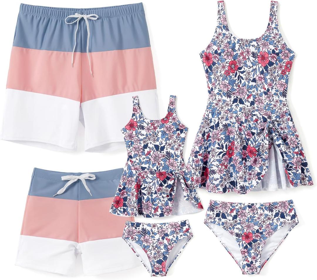 PATPAT Family Matching Swimwear Floral Pattern Tankini Swimsuits and Swim Trunks (Large, Purple Ditsy Print)