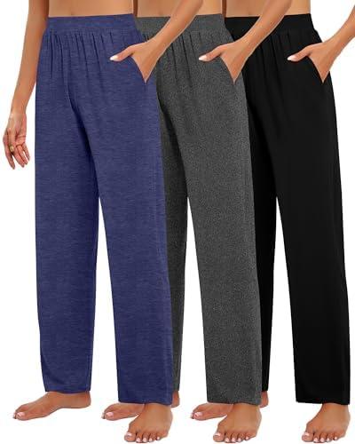 Huukeay 3 Pack Women's Lounge Pants, Cozy Wide Leg Lounge Slacks with Pockets Loose Flowy Yoga Sweat pants Workout Comfy Jogger, L