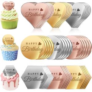 45PCS Happy Birthday Cake Toppers, Mirror Acrylic Cupcake Toppers 3 Multi-shape & 3 Different Color Custom Cupcake Picks for Birthday Party Anniversary Pastries Decorations