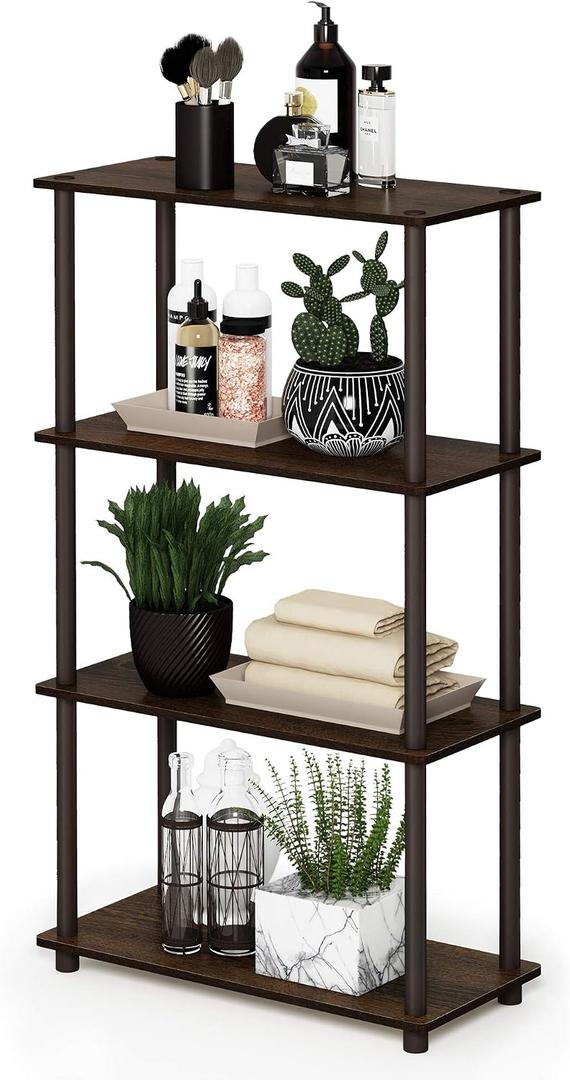 Furinno TURN-N-TUBE Storage Shelves, 4-Tier Toolless Book Shelf, Corner Shelf, Toolless Open Shelves, for Organization and Storage, Living Room, Garage, Home Office, Walnut, 4-Tier Round Tube