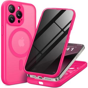 BERFY Magnetic for iPhone 14 Pro Max Case,Compatible with MagSafe,Built-in Privacy Screen Protector and Upgraded Camera Protection,Anti-Spy Full Body Shockproof Phone Case for 14 Pro Max 6.7",Hot Pink