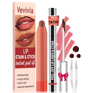 2 x Vevivia Lip Stain Set - Peel Off Lip Stain and Lip Balm, Long Lasting Lip Liner Stain with Natural Finish, Moisturizing Lip Balm for Dry Lips, Hydrating Gloss, Waterproof, Smudge-proof, Nude Pink