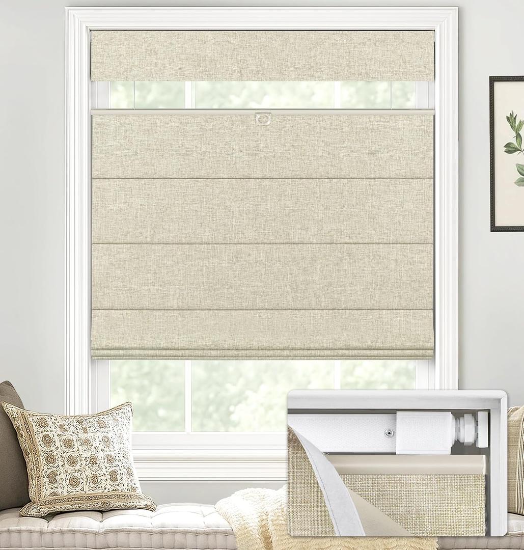 LazBlinds No Tools No Drill TDBU Cordless Roman Shades for Window, Thermal Insulated UV Blocking, 100% Blackout Fabric Blinds for Bedroom & Living Room, 33" W x 64" H, Blackout - Beige