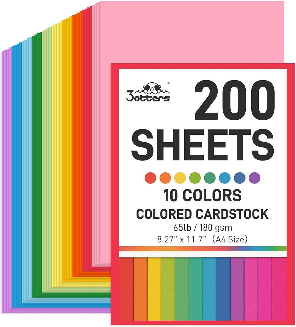 3 otters 200Sheets Construction Paper, Cardstock 8.27" x 11.7", 10 Assorted Colors Card Stock Printer Paper 65lb/180GSM, for Printing, DIY Crafts, Classroom Must Haves, Kids School Supplies, Party Dec, 8.5 X 11 Inches