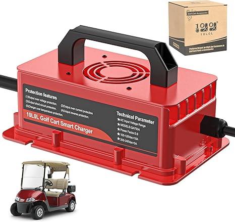 10L0L 15 AMP 48 Volt Golf Cart Charger for Club Car DS and Precedent with 3-Pin Round Plug, Lightweight Smart Charging for Lead Acid Batteries, Auto-Shut Off Protection - Black/Red