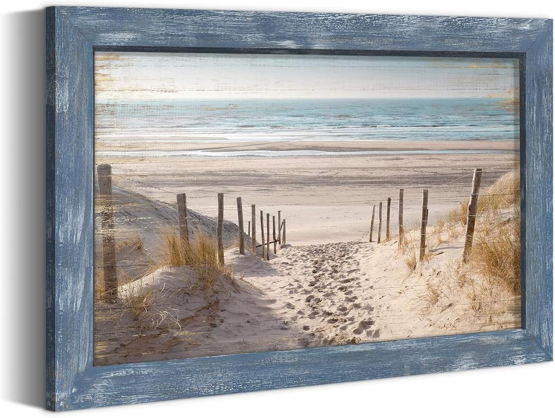 Framed Beach Road Wall Art: Modern Coastal Sea Level Painting Wood Decor Rustic Blue Ocean Artwork Calming Seascape Nature Picture Contemporary Sandy Seaside Prints for Bedroom Bathroom Living Room (24"L x 16"W, Beige)