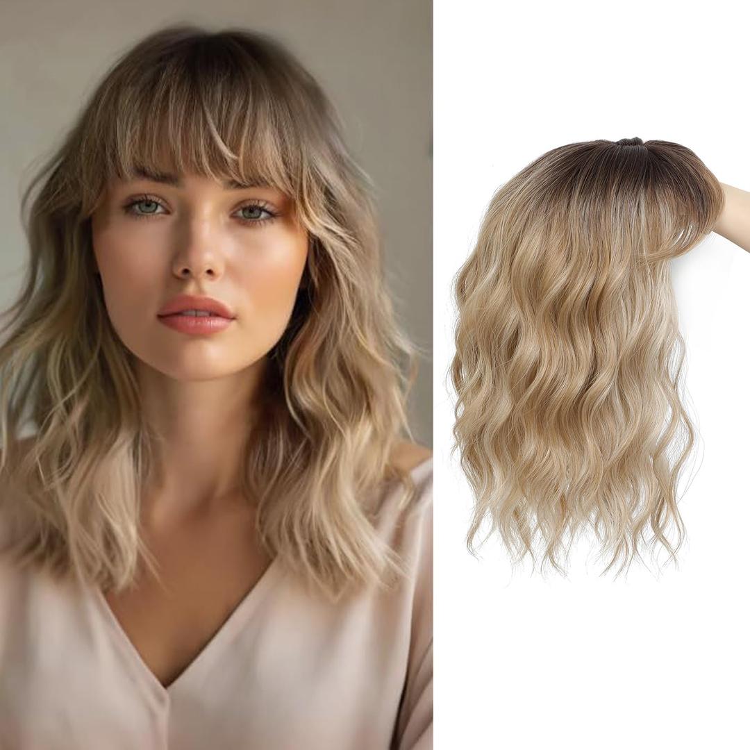 14inch Hair Toppers for Women with Thinning Hair Short Curly Toppers Hair Pieces for Women Synthetic Clip In for Women's Wiglets Large Base Dark Blonde with Dark Root