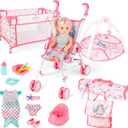 deAO Baby Doll Stroller Crib Bed Nursery Role Play Set Baby Doll Accessories and Play Mat,Travel Cot,Foldable Stroller and Travel Bag Birthday for Girls Boys Kids