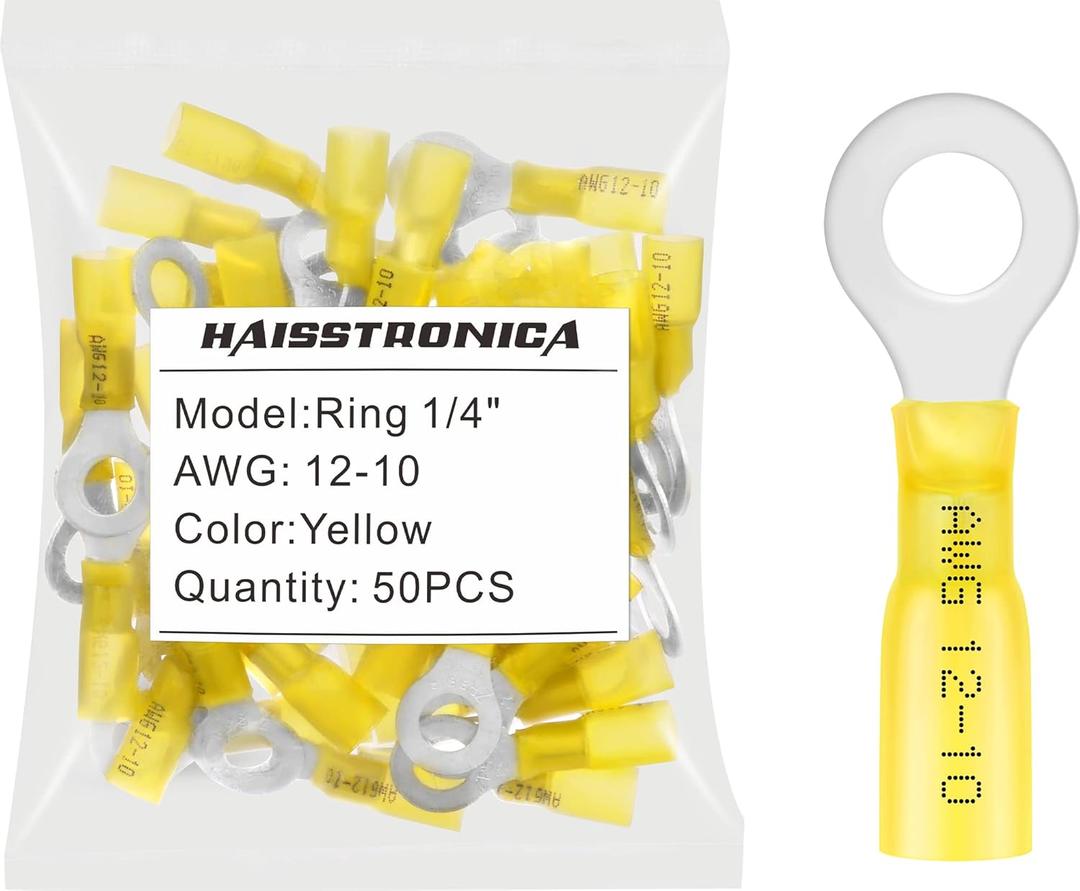 haisstronica 50pcs 1/4" Yellow Marine Grade Heat Shrink Ring Connectors,12-10 Gauge Tinned Red Copper 1mm Ring Terminals Connectors,Brazed-Seam Insulated Electrical Crimp Wire Terminals