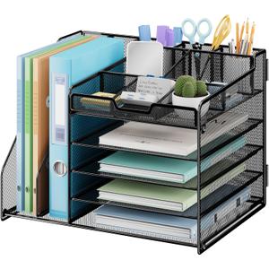 Lavatino Desk Organizer, 5-Tier Metal Mesh Paper Letter Tray with 2 File Holders & 7 Flexible Dividers for Office or Home Desk Organizers and Accessories, Keep Workspace Supplies Neat, Black