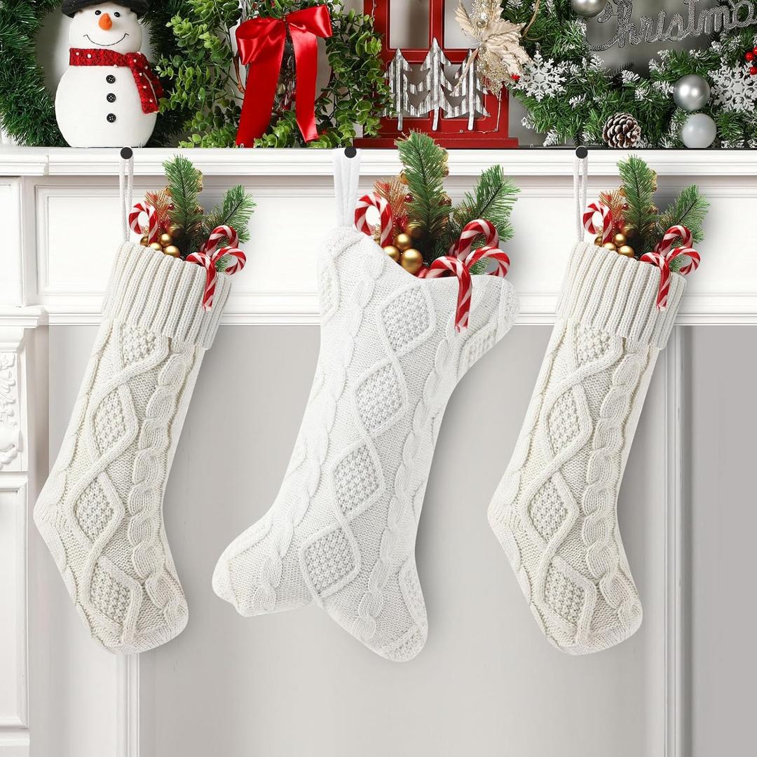 Soulchen 3 Pcs Dog Christmas Stockings Bulk 18 Inches Large Cable Knitted Hanging Christmas Stocking 15 Inch Bone Xmas Stocking for Family Xmas Tree, Fireplace for Dogs Pets (Lvory)