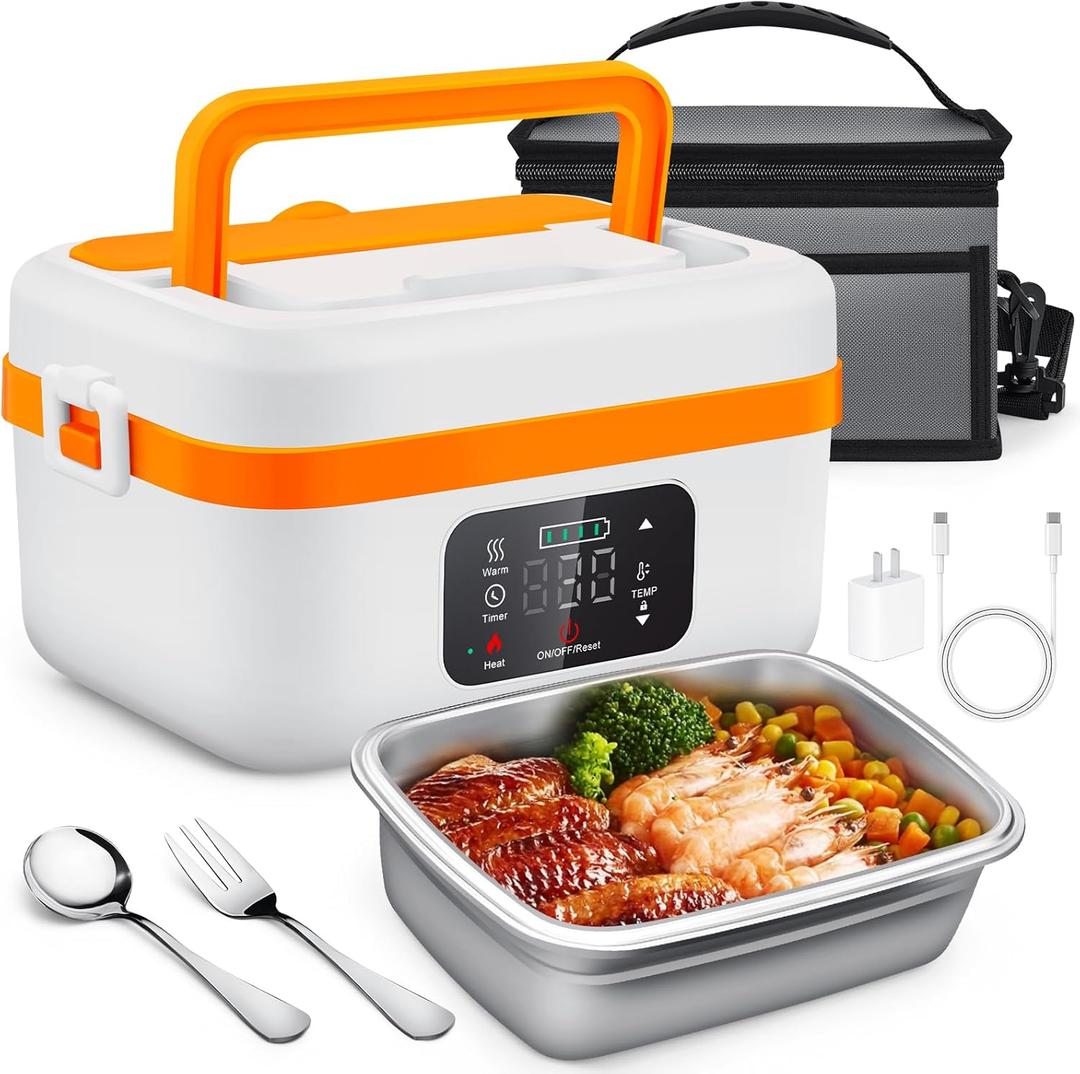 Cordless Electric Lunch Box, Self-Heating Food Warmer, Battery Powered Lunch Boxes with 1L Container, Rechargeable Heated Lunch Box for Men, Women, Car, Truck, Office, Travel (White-orange)