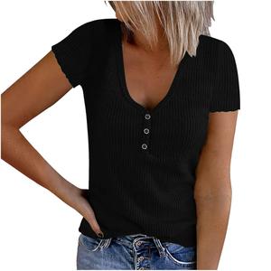 Women's Summer Short Sleeve V Neck T Shirts Casual Ribbed Button Henley Knit Tops Blouse, Size: S