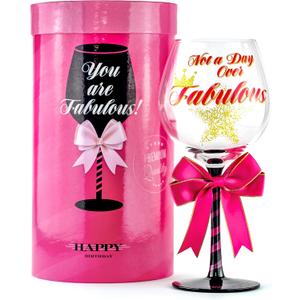 Not a Day Over Fabulous Happy Birthday Wine Glass for Women | Unique Gift Idea for Her, Best Friend, Mom, Sister, Grandma, Aunt, Cousin, Female Coworker, Teacher, Boss | Present for Woman, 23 Ounces