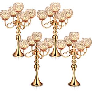 Tioncy 4 Pcs 5 Arm Crystal Candelabra Centerpieces for Tables 21.5 Inch Tall Crystal Candle Holders Bowl for Home Wedding Dinner Anniversary Party Events Table Decoration (Gold)