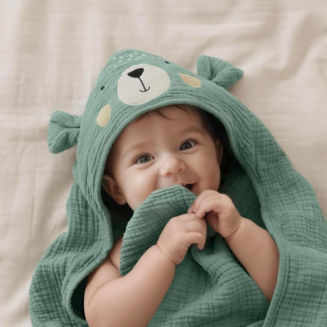 Blissful Diary Muslin Baby Hooded Towel, Soft and Absorbent Bath Towel for Newborn, Infant, Toddler, Unisex, 32x32 - Smart Bear