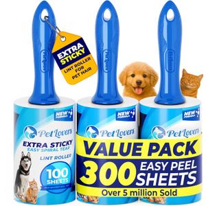 PetLovers Extra Sticky Lint Roller Value Set 300 Sheets for Pet Hair Removal, Dog and Cat Lint Remover 3 Pack