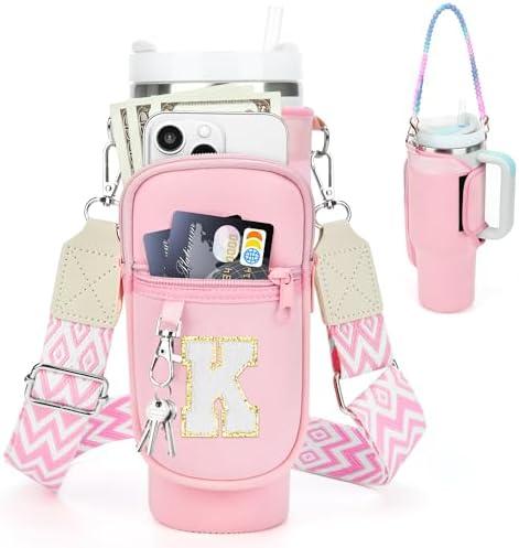 LOKASS Initial Water Bottle Holder with Strap for Stanley 40oz Tumbler Accessories, A-Z Personalized Water Bottle Carrier Bag with Phone Pocket for Stanley Cup Pouch