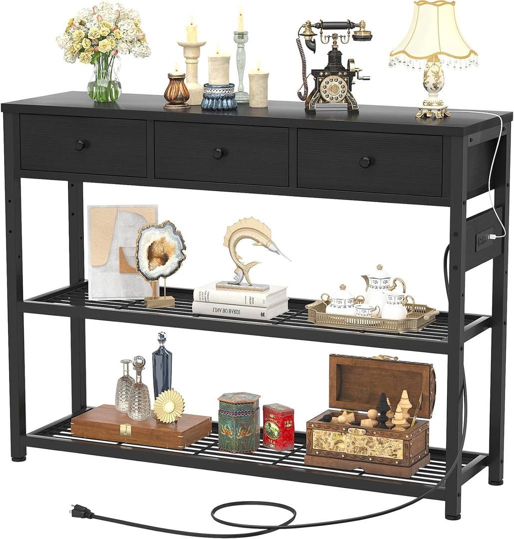 Ecopriso 47'' Entryway Table with Outlets and USB Ports, Console Table with 3 Drawers, Sofa Table Narrow Long with Storage Shelves for Living Room, Couch, Hallway, Foyer, Kitchen Counter, Black (47-In)